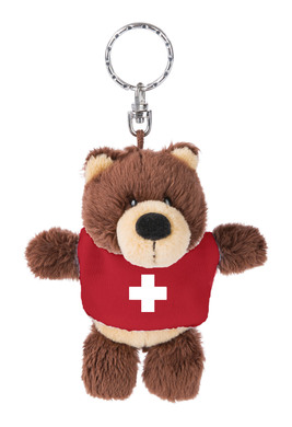 Schlüsselanhänger Bär hellbeige mit rotem T-Shirt und Schweizerkreuz