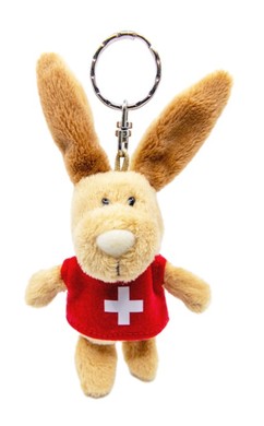 Schlüsselanhänger Hase mit rotem T-Shirt und Schweizerkreuz