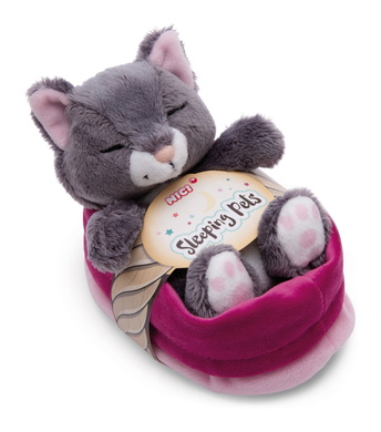 Chat gris 12cm endormi dans petit panier rose