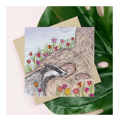 Badger and Tulips Greeting Card TW187