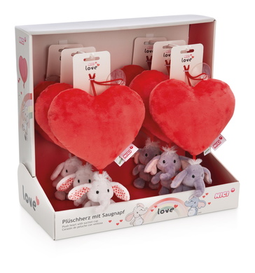 Plüschherz mit Love Elefant und Saugnapf 2 Designs, 6 Stück im Display