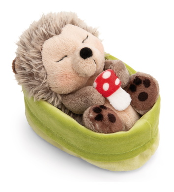 Hérisson endormi avec tue-mouche dans petit panier vert clair