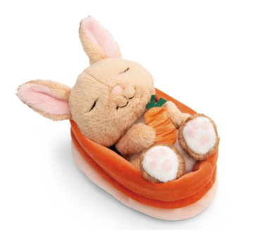 Lapin endormi avec carotte 12cm dans petit panier pêche